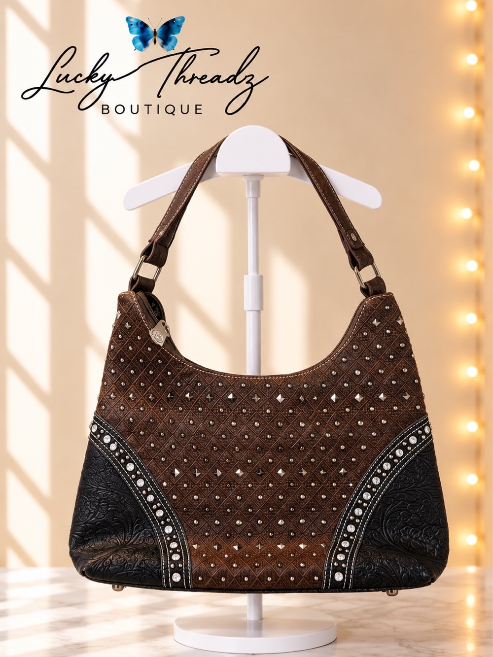 P&G Western 3D Embossed Floral Tooled Studded Shoulder Bag Rhinestone Hobo